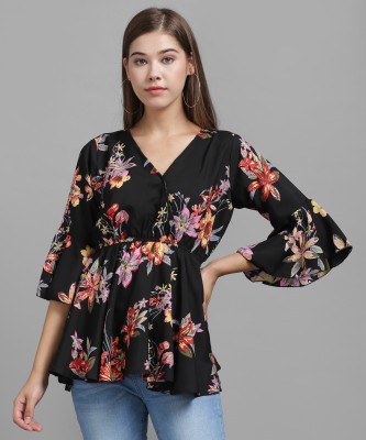 Raabta Fashion Casual Flared Sleeve Printed Women Black Top