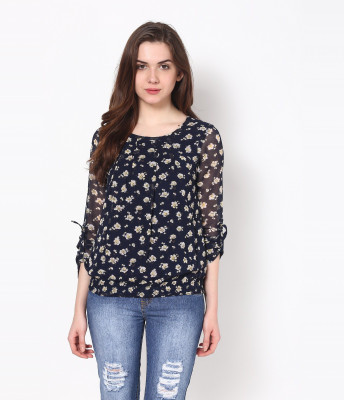 HARPA Casual Roll-up Sleeve Floral Print Women Blue Top