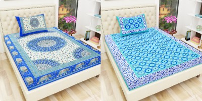 Indram 144 TC Cotton Single Printed Flat Bedsheet(Pack of 2, Blue)