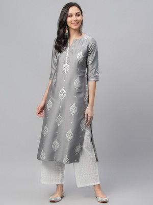 LIBAS Women Printed Straight Kurta(Grey)