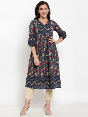 indibelle Women Printed A-line Kurta(Blue)
