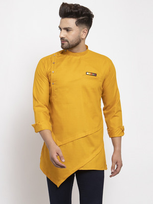 SAIFOO Men Solid Asymmetric Kurta(Yellow)