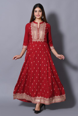 DURGSHREE Women Printed Flared Kurta(Maroon)