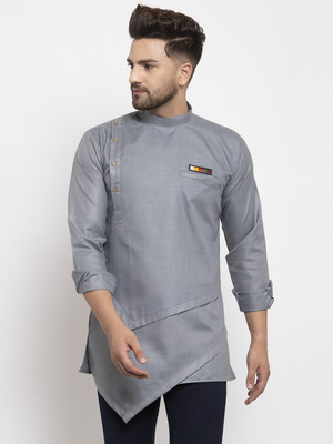 SAIFOO Men Solid Asymmetric Kurta(Grey)