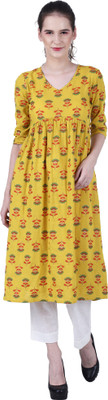 Wear We Met Women Floral Print Anarkali Kurta(Yellow)