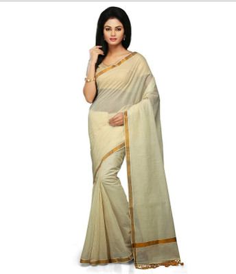 Selvamani Tex Solid/Plain Bollywood Cotton Blend Saree(White)
