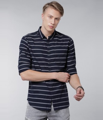 HIGHLANDER Men Striped Casual Dark Blue, Grey Shirt