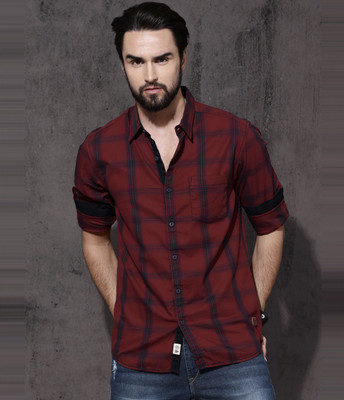 Roadster Men Checkered Casual Red Shirt