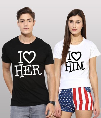 Young trendz Graphic Print Couple Round Neck White, Black T-Shirt