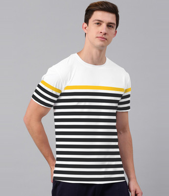 Jump Cuts Striped Men Round Neck Reversible White, Black, Yellow T-Shirt