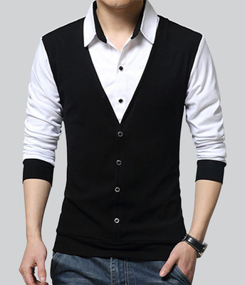 Seven Rocks Solid Men Polo Neck White, Black T-Shirt