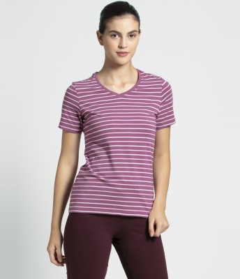 JOCKEY Striped Women V Neck Purple T-Shirt