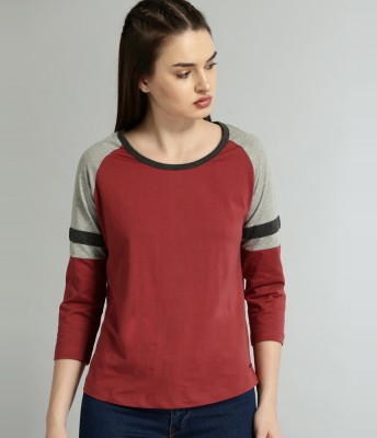 Roadster Colorblock Women Round Neck Red T-Shirt