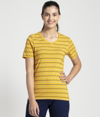 JOCKEY Striped Women V Neck Yellow T-Shirt