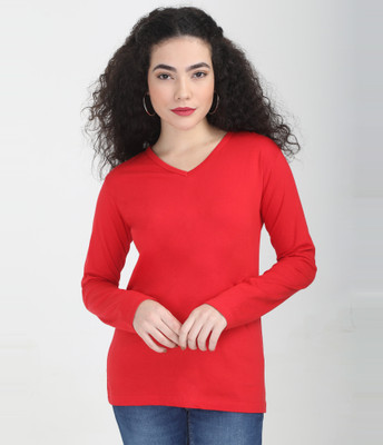 Fleximaa Solid Women V Neck Red T-Shirt