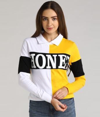 LEWEL Colorblock Women Polo Neck White, Black, Yellow T-Shirt