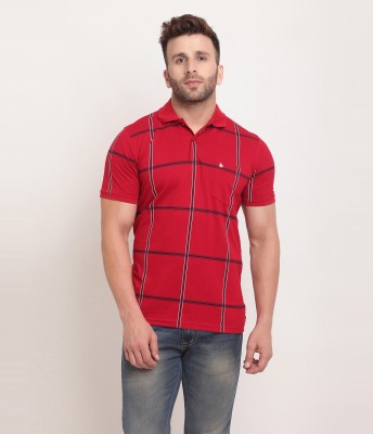 Bullmer Checkered Men Polo Neck Red T-Shirt