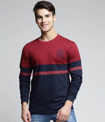 DIFFERENCE OF OPINION Striped Men Round Neck Maroon T-Shirt