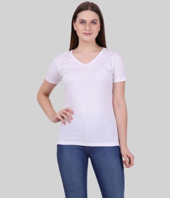 Fleximaa Solid Women V Neck White T-Shirt