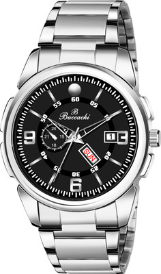 Buccachi Buccachi Round Black Day & Date Functioning Water Resistant Silver Color Stainless Steel Bracelet Watch for Men/Boys Analog Watch  - For Men