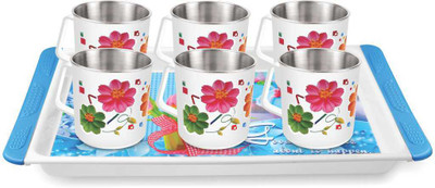 Rema Pack of 7 Stainless Steel, Plastic Cups for Coffee and Tea Set of 6 Pieces With Serving Tray(White, Cup Set)