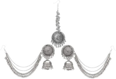 ZUKHRUF Zukhruf German Oxidised Silver Antique Traditional Maang Tikka with Earrings Jewellery Set for Women and Girls Beads German Silver Drops & Danglers, Jhumki Earring, Chandbali Earring