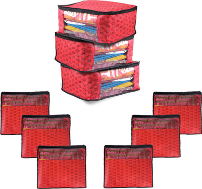 PrettyKrafts combo of 6 Single and 3 Large Sari Cover Printed F1589_S6_L3_Red_9(Red)