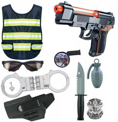 IndusBay Police Costume Uniform for Kids - 10 Pc Police Officer Dress Role Play Kit with Vest, Handcuffs, Batch, Pistol Toy, Whistle, Eye Glasses, Dagger - Police Jacket 