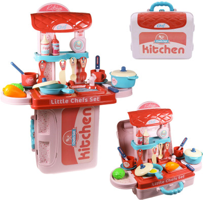 Wishkey 3 in 1 Kitchen Cooking Pretend Play Learning Educational Tool Set Toy For Little Chef's with Cute Multi-Purpose Portable Suitcase