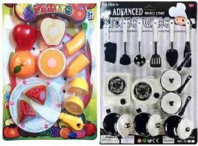 Simplify Combo of Popular Educational Realistic Sliceable Fruit Cutting Play Set with Kitchen Set Accessories Toy for Kids
