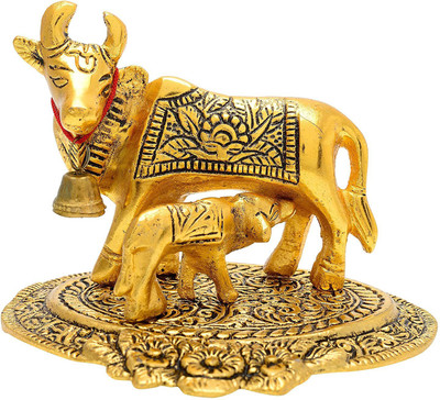 JSD Siyaram Kamdhenu Cow And Calf Statue Decorative Showpiece  -  10 cm(Brass, Gold)
