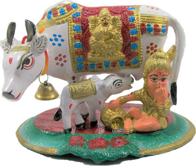 Neo Classic Cow with Baby Calf I The Beautiful Creation of Cow & Calf Color Decorative Showpiece  -  12 cm(Aluminium, Multicolor)