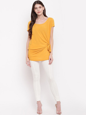 MAYRA Casual Short Sleeve Solid Women Yellow Top