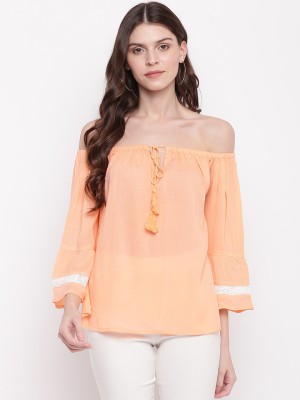 MAYRA Casual 3/4 Sleeve Solid Women Orange Top