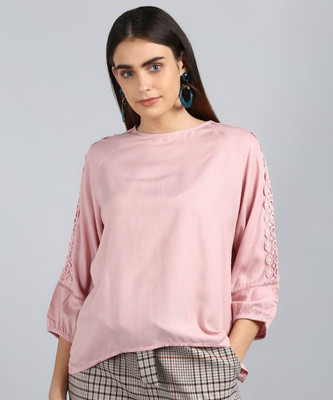 Tokyo Talkies Casual 3/4 Sleeve Solid Women Pink Top