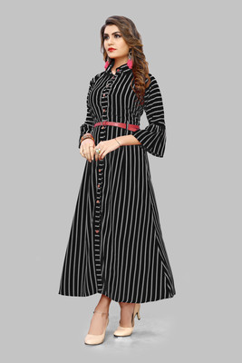 KETAKI FASHION Women Striped Frontslit Kurta(Black, White)