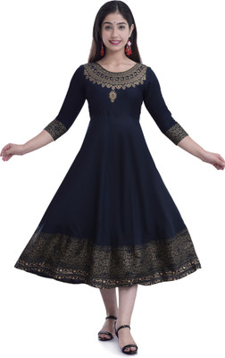 Vineesha Women Block Print Anarkali Kurta(Blue)