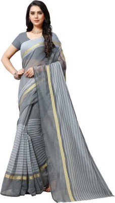 fabulady Striped Chanderi Cotton Blend Saree(Grey)