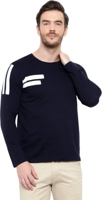 Phrill Self Design Men Round Neck Dark Blue T-Shirt