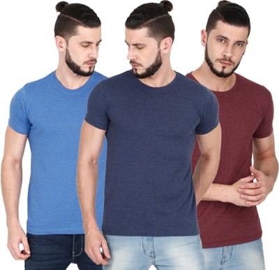 CNMN Self Design, Solid Men Round Neck Blue, Maroon T-Shirt