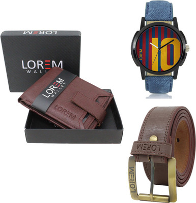 LOREM Belt, Wallet & Watch Combo(Maroon, Brown, Blue)