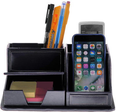 PANKU 4 Compartments Faux Leather Multi Storage Desk Organizer(Black)