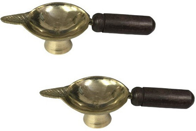 Utkarsh Pack Of 2 Pcs Pure Brass (2 No Small Size ) ASHand Laxmi Deepak Pital Diya with Wooden Grip for Pooja Purpose Brass (Pack of 2) Table Diya(Height: 1.18 inch)