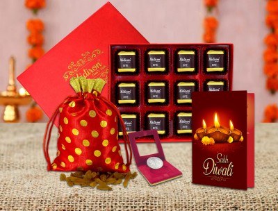 Midiron Diwali Gifts, Handmade Chocolate Box, Raisin, Greeting Card with coin gift for Healthy Diwali (200 gm) Silver, Paper Gift Box(Multicolor)