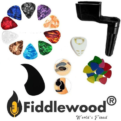 FIDDLEWOOD™ 10 CELLULOID PICKS , PICK HOLDER , SELF ADHESIVE SCRATCH GUARD & STRING WINDER Guitar Pick(Pack of 10)