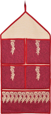 Adakriti Creations Wall Hanging (Maroon) made of Jute Polyester with 5 pockets Regular Organizer