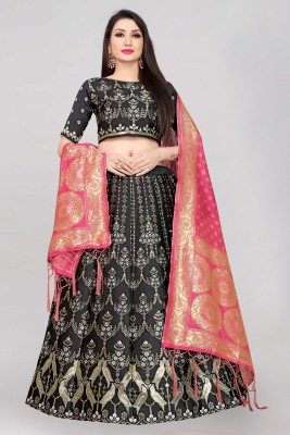Divastri Self Design Semi Stitched Lehenga Choli(Black, Pink)
