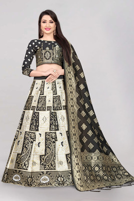 Fabcartz Self Design Semi Stitched Lehenga Choli(White, Black)