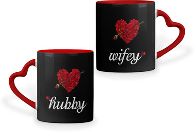 Sublikraft Hubby Wifey 3 Tone Heart Handle Printed Ceramic Coffee Mug(330 ml, Pack of 2)