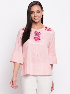 MAYRA Casual 3/4 Sleeve Embroidered Women Pink Top